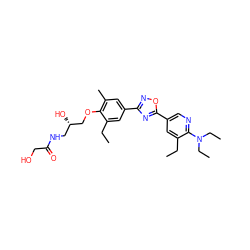 CCc1cc(-c2nc(-c3cc(C)c(OC[C@@H](O)CNC(=O)CO)c(CC)c3)no2)cnc1N(CC)CC ZINC000103244050