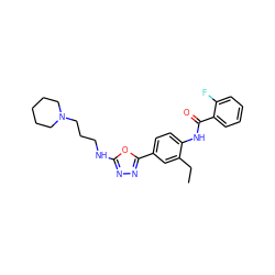 CCc1cc(-c2nnc(NCCCN3CCCCC3)o2)ccc1NC(=O)c1ccccc1F ZINC000084632462