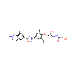 CCc1cc(-c2noc(-c3cc(C)c(CN(C)C)c(C)c3)n2)cc(C)c1OC[C@@H](O)CNC(=O)CO ZINC000653845431