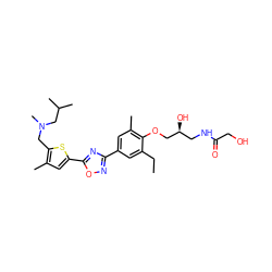 CCc1cc(-c2noc(-c3cc(C)c(CN(C)CC(C)C)s3)n2)cc(C)c1OC[C@@H](O)CNC(=O)CO ZINC000114775141