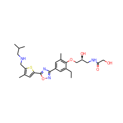 CCc1cc(-c2noc(-c3cc(C)c(CNCC(C)C)s3)n2)cc(C)c1OC[C@@H](O)CNC(=O)CO ZINC000117932290