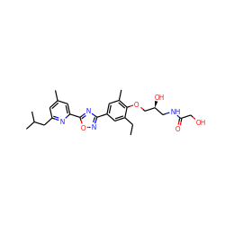 CCc1cc(-c2noc(-c3cc(C)cc(CC(C)C)n3)n2)cc(C)c1OC[C@@H](O)CNC(=O)CO ZINC000043207546