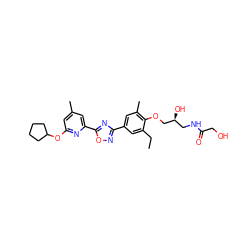 CCc1cc(-c2noc(-c3cc(C)cc(OC4CCCC4)n3)n2)cc(C)c1OC[C@@H](O)CNC(=O)CO ZINC000653846494