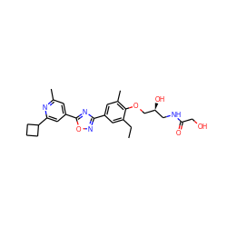 CCc1cc(-c2noc(-c3cc(C)nc(C4CCC4)c3)n2)cc(C)c1OC[C@@H](O)CNC(=O)CO ZINC000103243996