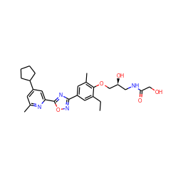 CCc1cc(-c2noc(-c3cc(C4CCCC4)cc(C)n3)n2)cc(C)c1OC[C@@H](O)CNC(=O)CO ZINC000103244022