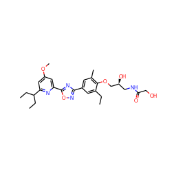 CCc1cc(-c2noc(-c3cc(OC)cc(C(CC)CC)n3)n2)cc(C)c1OC[C@@H](O)CNC(=O)CO ZINC000141622206