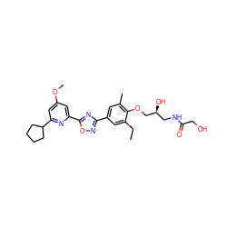 CCc1cc(-c2noc(-c3cc(OC)cc(C4CCCC4)n3)n2)cc(C)c1OC[C@@H](O)CNC(=O)CO ZINC000653846210