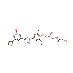 CCc1cc(-c2noc(-c3cc(OC)nc(C4CCC4)c3)n2)cc(C)c1OC[C@@H](O)CNC(=O)CO ZINC000653849870