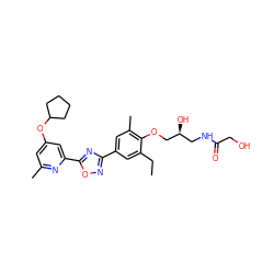 CCc1cc(-c2noc(-c3cc(OC4CCCC4)cc(C)n3)n2)cc(C)c1OC[C@@H](O)CNC(=O)CO ZINC000653846524