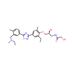 CCc1cc(-c2noc(-c3ccc(C)c(CN(C)CC)c3)n2)cc(C)c1OC[C@@H](O)CNC(=O)CO ZINC000653853372