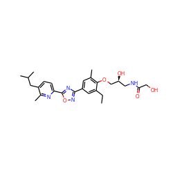 CCc1cc(-c2noc(-c3ccc(CC(C)C)c(C)n3)n2)cc(C)c1OC[C@@H](O)CNC(=O)CO ZINC000103244056