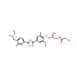 CCc1cc(-c2noc(-c3ccc(CN(C)CC)c(C)c3)n2)cc(C)c1OC[C@@H](O)CNC(=O)CO ZINC000115393283