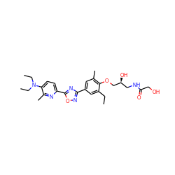 CCc1cc(-c2noc(-c3ccc(N(CC)CC)c(C)n3)n2)cc(C)c1OC[C@@H](O)CNC(=O)CO ZINC000103245217