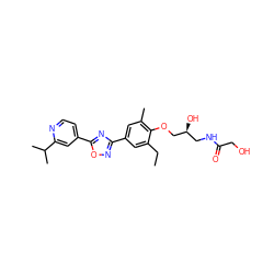 CCc1cc(-c2noc(-c3ccnc(C(C)C)c3)n2)cc(C)c1OC[C@@H](O)CNC(=O)CO ZINC000103244038