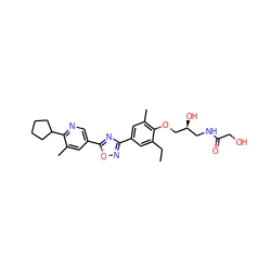 CCc1cc(-c2noc(-c3cnc(C4CCCC4)c(C)c3)n2)cc(C)c1OC[C@@H](O)CNC(=O)CO ZINC000103245232