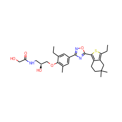 CCc1cc(-c2noc(-c3sc(CC)c4c3CCC(C)(C)C4)n2)cc(C)c1OC[C@@H](O)CNC(=O)CO ZINC000103258624