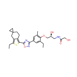 CCc1cc(-c2noc(-c3sc(CC)c4c3CCC3(CC3)C4)n2)cc(C)c1OC[C@@H](O)CNC(=O)CO ZINC000103258590