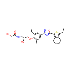 CCc1cc(-c2noc(-c3sc(CC)c4c3CCCC4)n2)cc(C)c1OC[C@@H](O)CNC(=O)CO ZINC000103258585