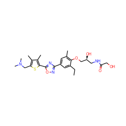 CCc1cc(-c2noc(-c3sc(CN(C)C)c(C)c3C)n2)cc(C)c1OC[C@@H](O)CNC(=O)CO ZINC000653843518