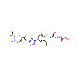 CCc1cc(-c2noc(-c3sc(CN(C)CC(C)C)c(C)c3C)n2)cc(C)c1OC[C@@H](O)CNC(=O)CO ZINC000653845114