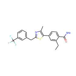 CCc1cc(-c2sc(Cc3cccc(C(F)(F)F)c3)nc2C)ccc1C(N)=O ZINC001772574115