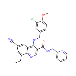 CCc1cc(C#N)cc2c(NCc3ccc(OC)c(Cl)c3)c(C(=O)NCc3ccccn3)cnc12 ZINC000029334066