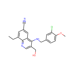 CCc1cc(C#N)cc2c(NCc3ccc(OC)c(Cl)c3)c(CO)cnc12 ZINC000003949078