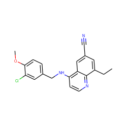 CCc1cc(C#N)cc2c(NCc3ccc(OC)c(Cl)c3)ccnc12 ZINC000029334640