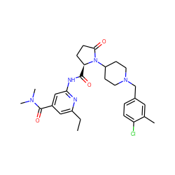 CCc1cc(C(=O)N(C)C)cc(NC(=O)[C@H]2CCC(=O)N2C2CCN(Cc3ccc(Cl)c(C)c3)CC2)n1 ZINC000143326603