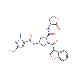 CCc1cc(C(=O)N[C@@H]2C[C@@H](C(=O)N[C@@H]3CCOC3=O)N(C(=O)c3coc4ccccc34)C2)n(C)n1 ZINC000103238587