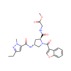 CCc1cc(C(=O)N[C@@H]2C[C@@H](C(=O)NCC(=O)OC)N(C(=O)c3coc4ccccc34)C2)n(C)n1 ZINC000103239521