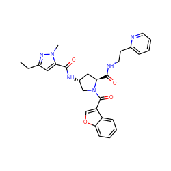 CCc1cc(C(=O)N[C@@H]2C[C@@H](C(=O)NCCc3ccccn3)N(C(=O)c3coc4ccccc34)C2)n(C)n1 ZINC000103238619