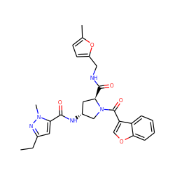 CCc1cc(C(=O)N[C@@H]2C[C@@H](C(=O)NCc3ccc(C)o3)N(C(=O)c3coc4ccccc34)C2)n(C)n1 ZINC000103239480