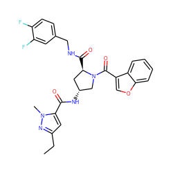 CCc1cc(C(=O)N[C@@H]2C[C@@H](C(=O)NCc3ccc(F)c(F)c3)N(C(=O)c3coc4ccccc34)C2)n(C)n1 ZINC000103238608