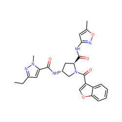 CCc1cc(C(=O)N[C@@H]2C[C@@H](C(=O)Nc3cc(C)on3)N(C(=O)c3coc4ccccc34)C2)n(C)n1 ZINC000103238622