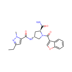 CCc1cc(C(=O)N[C@@H]2C[C@@H](C(N)=O)N(C(=O)c3coc4ccccc34)C2)n(C)n1 ZINC000103239529