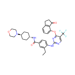 CCc1cc(C(=O)N[C@H]2CC[C@H](N3CCOCC3)CC2)ccc1Nc1ncc(C(F)(F)F)c(Oc2cccc3c2C(=O)CC3)n1 ZINC000261174940