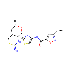 CCc1cc(C(=O)Nc2csc([C@@]34CO[C@@H](C)C[C@H]3CSC(=N)N4)n2)on1 ZINC001772585418