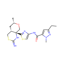 CCc1cc(C(=O)Nc2csc([C@]34CO[C@@H](C)C[C@H]3CSC(=N)N4)n2)n(C)n1 ZINC001772569695