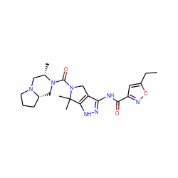 CCc1cc(C(=O)Nc2n[nH]c3c2CN(C(=O)N2C[C@@H]4CCCN4C[C@@H]2C)C3(C)C)no1 ZINC000114184057