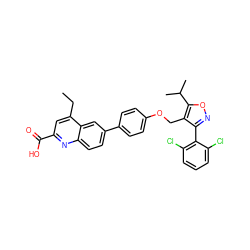 CCc1cc(C(=O)O)nc2ccc(-c3ccc(OCc4c(-c5c(Cl)cccc5Cl)noc4C(C)C)cc3)cc12 ZINC000066080131