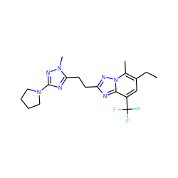 CCc1cc(C(F)(F)F)c2nc(CCc3nc(N4CCCC4)nn3C)nn2c1C ZINC000210571169