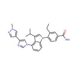 CCc1cc(C(N)=O)ccc1-n1cc(C(C)C)c2c(-n3cnc(-c4cnn(C)c4)c3)cccc21 ZINC000200936663