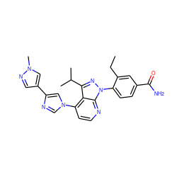 CCc1cc(C(N)=O)ccc1-n1nc(C(C)C)c2c(-n3cnc(-c4cnn(C)c4)c3)ccnc21 ZINC000169703510