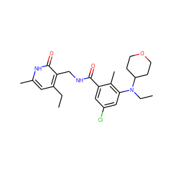 CCc1cc(C)[nH]c(=O)c1CNC(=O)c1cc(Cl)cc(N(CC)C2CCOCC2)c1C ZINC000207585807