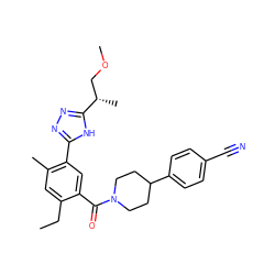 CCc1cc(C)c(-c2nnc([C@@H](C)COC)[nH]2)cc1C(=O)N1CCC(c2ccc(C#N)cc2)CC1 ZINC000150166117