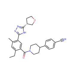 CCc1cc(C)c(-c2nnc([C@@H]3CCOC3)[nH]2)cc1C(=O)N1CCC(c2ccc(C#N)cc2)CC1 ZINC000149976031