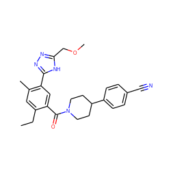 CCc1cc(C)c(-c2nnc(COC)[nH]2)cc1C(=O)N1CCC(c2ccc(C#N)cc2)CC1 ZINC000150161578