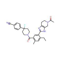 CCc1cc(C)c(C(=O)N2CCC(F)(c3ccc(C#N)cc3)CC2)cc1-c1nc2c([nH]1)CN(C(C)=O)CC2 ZINC000150288028