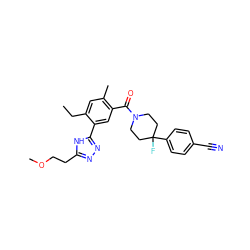 CCc1cc(C)c(C(=O)N2CCC(F)(c3ccc(C#N)cc3)CC2)cc1-c1nnc(CCOC)[nH]1 ZINC000150005609